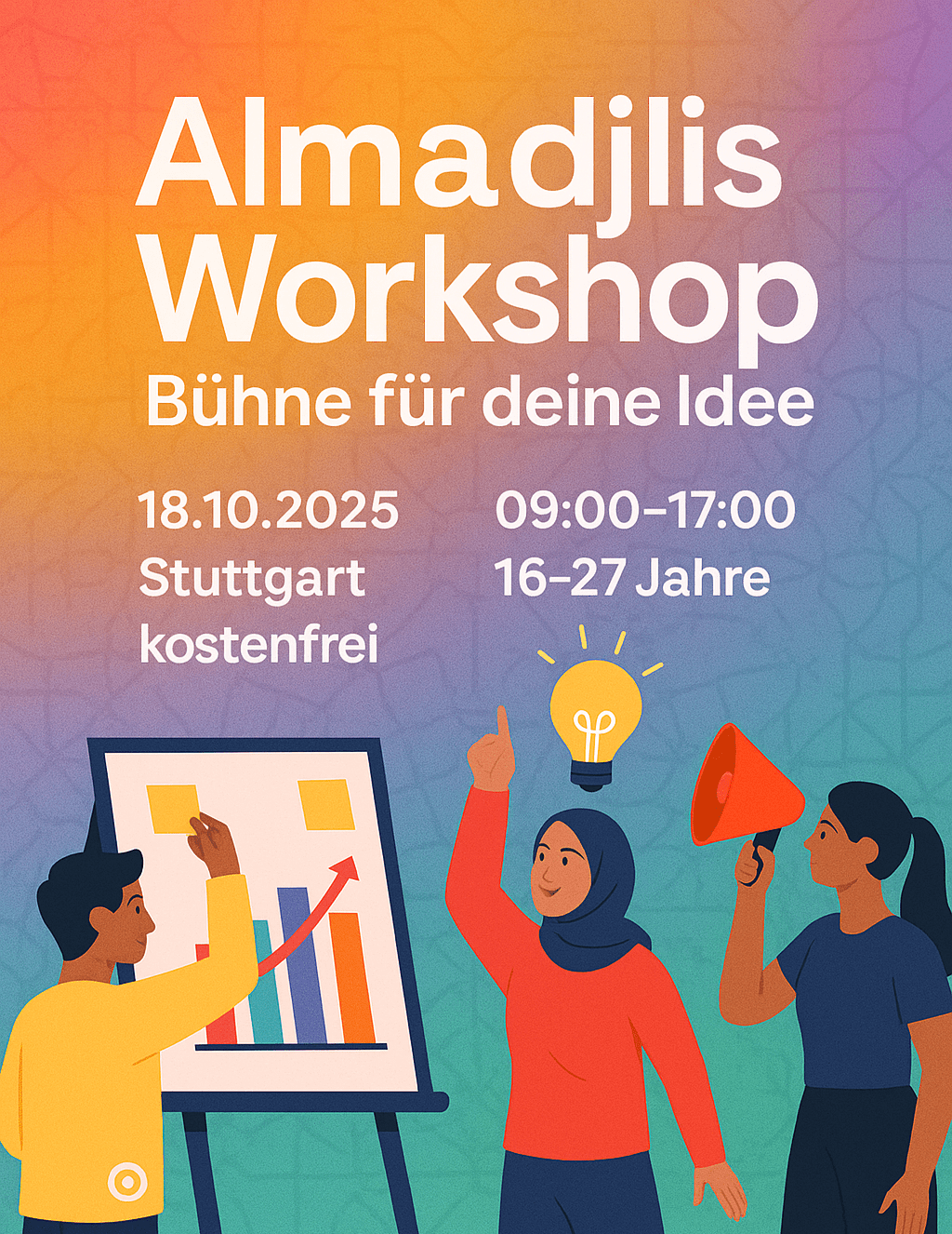 Al Madjlis Workshop Bühne für deine Odee 18.10.2025 09:00-17:00 Stuttgart 16-27 Jahre kostenfrei Im Bild: drei junge PoC, einer klebt ein Posit-it auf eine Tafel, eine meldet sich, über ihr eine Glühbirne, eine hat ein Megaphon